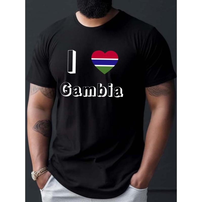 

I Love Gambia" Men's Casual Tee - Breathable Polyester, Short Sleeve, Round Neck T-shirt For Summer
