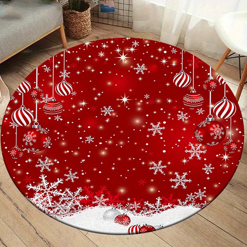 

Cozy Crystal Velvet Christmas Round Rug - Snowflakes & Red Balls Design, Perfect For Indoor/outdoor Use, Living Room & Bedroom Decor