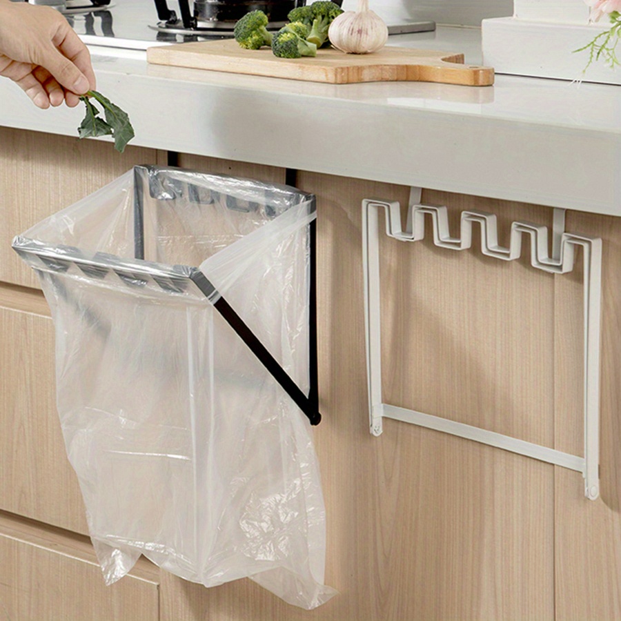 

Hanging Trash Bag Holder For Kitchen Cabinet Door - Wall-mounted Foldable Garbage Rack, Iron Material, No-electricity Use, Rectangular Shape.