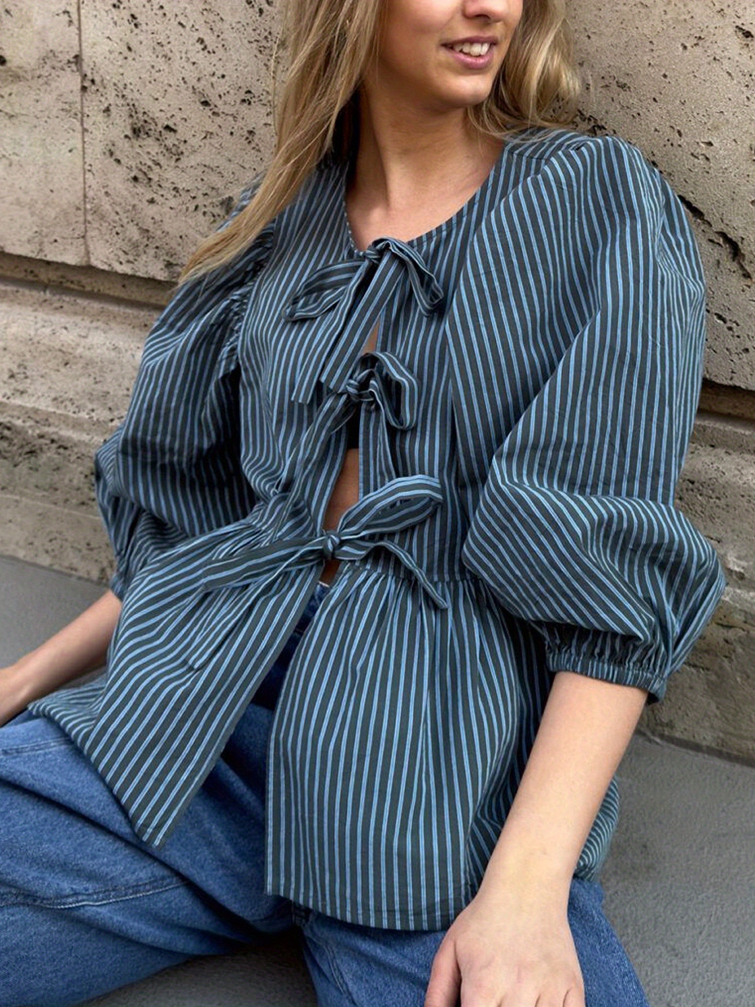 blusa babydoll rayas abullonada cuello Temu