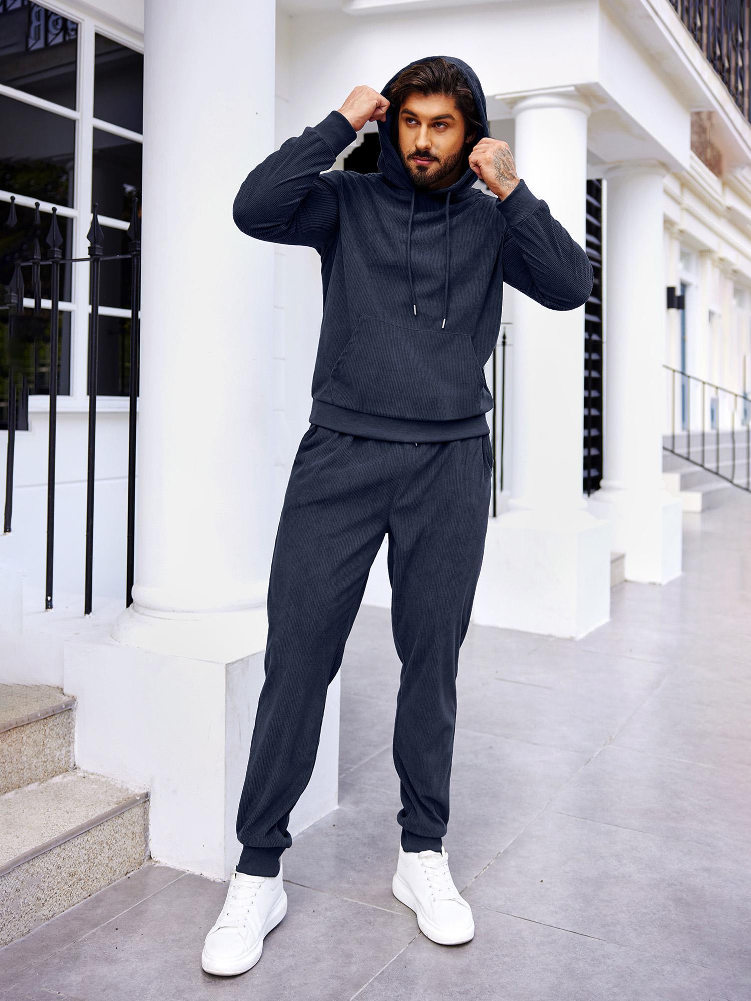 Survêtement 2 Pièces Homme à Capuche - Couleur Marine - Tissu Polyester - Pour Sport, Jogging, Salle De Gym - Style Décontracté