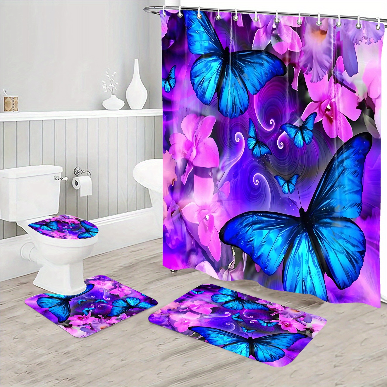 

Vibrant Purple Butterfly Bathroom Set: Includes 180x180cm Shower Curtain, Lid Toilet Cover, Bath Mat, And Pedestal Rug With 12 Hooks - Perfect For A Creative And Artistic Bathroom Decor