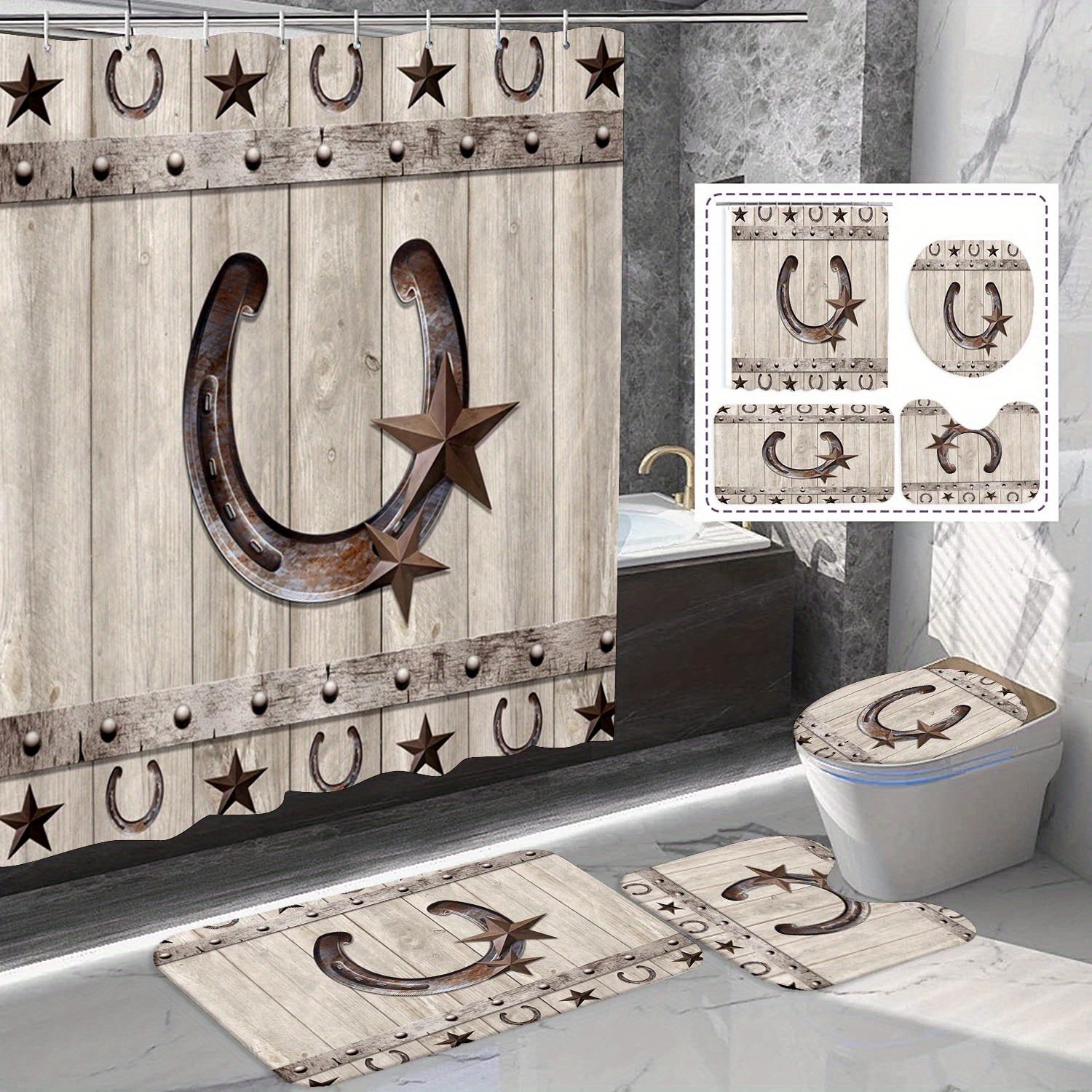 

Rustic & Horseshoe Shower Curtain Set - 1/4pcs, Farmhouse Barn Door Decor, Includes Bath Mat, Non-slip Rug, Toilet Lid Cover, Waterproof Fabric Curtain, 71x71 Inches, Machine Washable