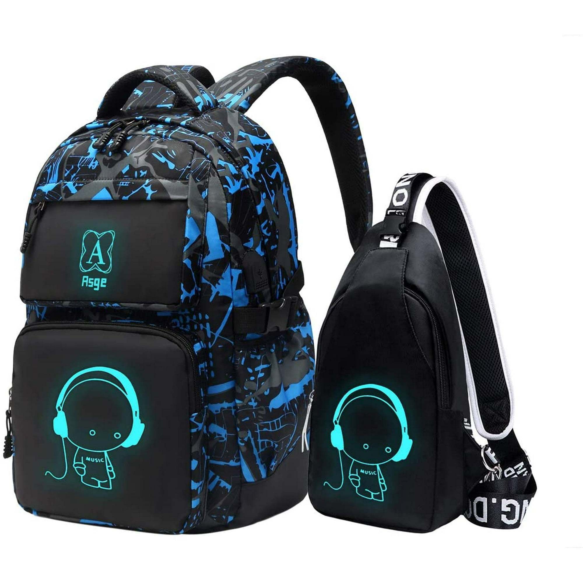 Temu Asge Luminous Camo Backpack Set For Travel Large Capacity Bookbag And Sling Bag Combo-image