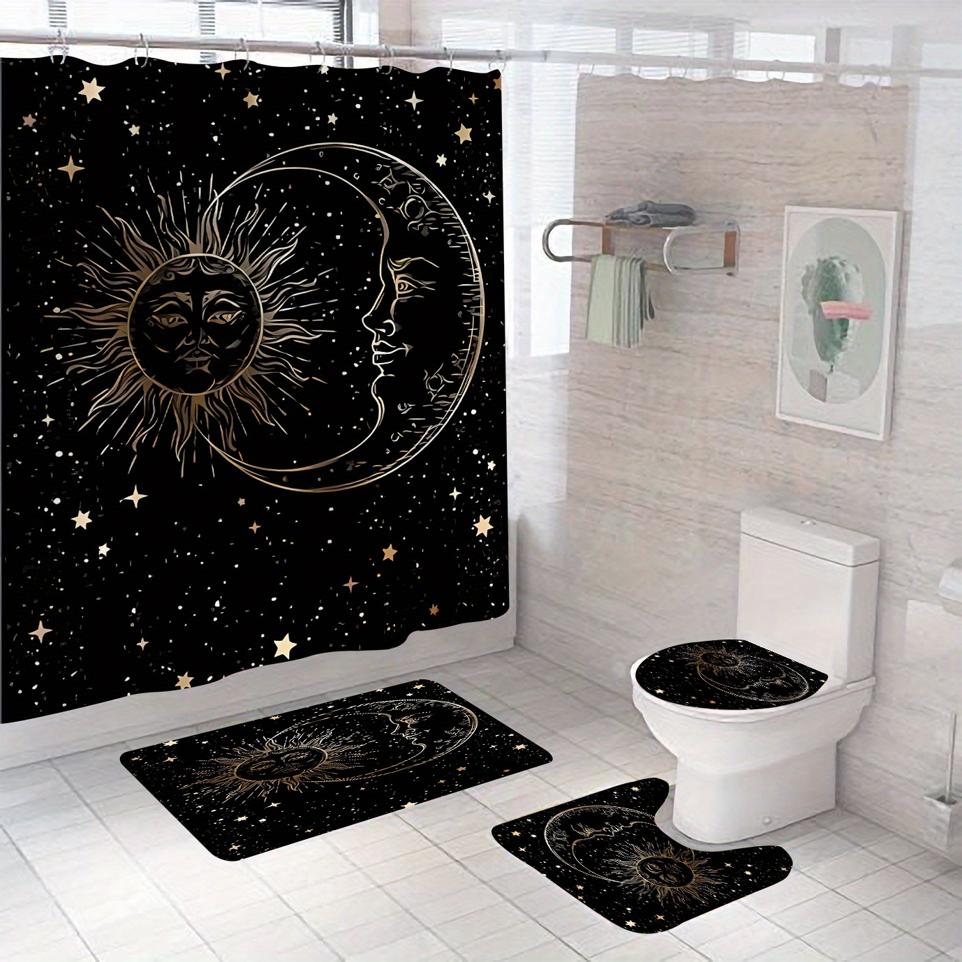 

1/4pcs Set And Curtain Set With Non-slip Rug, Sun And Room Decoration, Bathroom Accessories Include Bathroom Rug, U-shaped Mat, Toilet Seat Cover Mat, Waterproof 180x180cm Shower Curtain With 12 Hooks