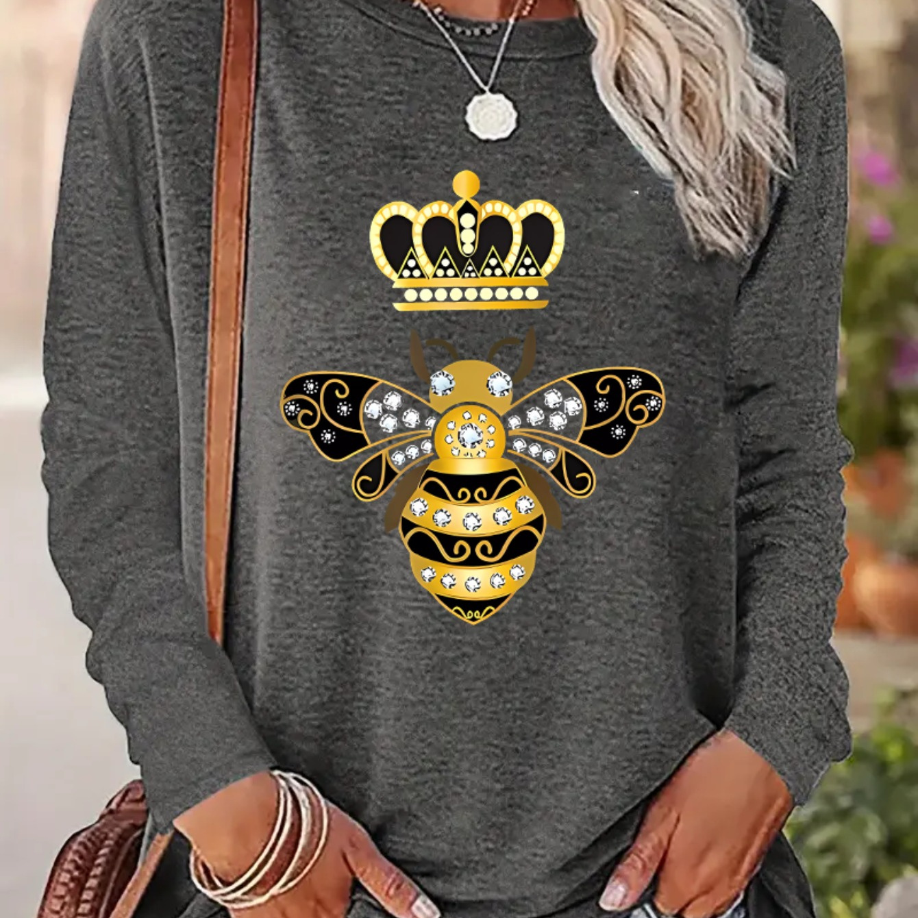 

Bee & Crown Print Crew Neck T-shirt, Casual Long Sleeve T-shirt For Spring & Fall, Women's Clothing