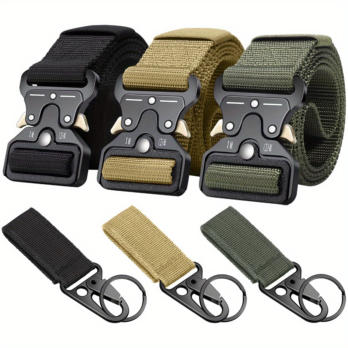 

3-pack Military Style Tactical Belts For Men, Quick-release Metal Buckle With Molle Key Ring Holder