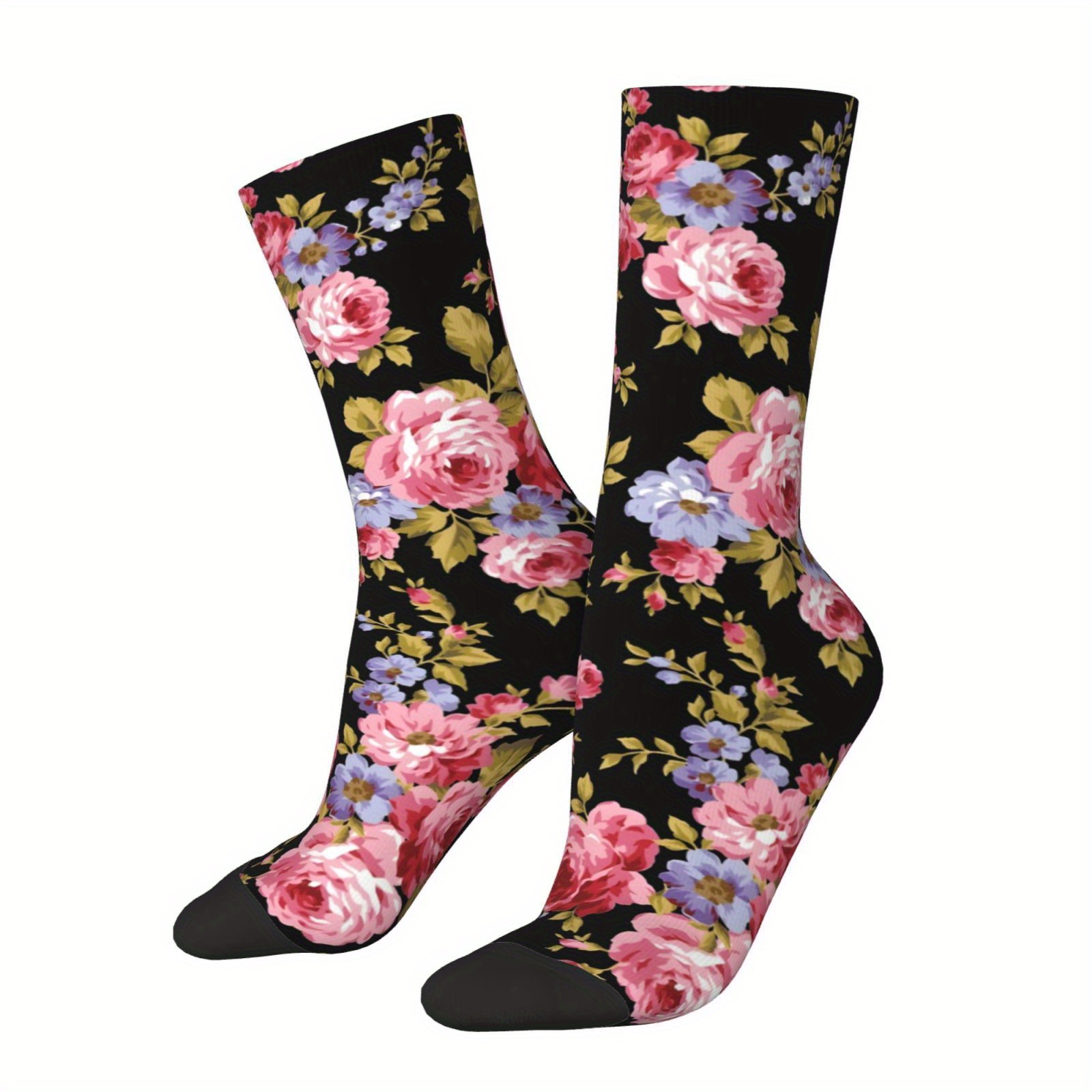 

1 Pair Men's Retro Floral Socks - Hip Hop Inspired, Style Pattern, Fun Novelty Crew Socks In Black With Flowers, Polyester & Elastane , Perfect Gift For Boys, Cute Socks