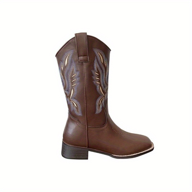 

Retro Brown Western Cowboy Boots For Women, Slim V-cut Embroidered Square Heel Middle Knight Boots