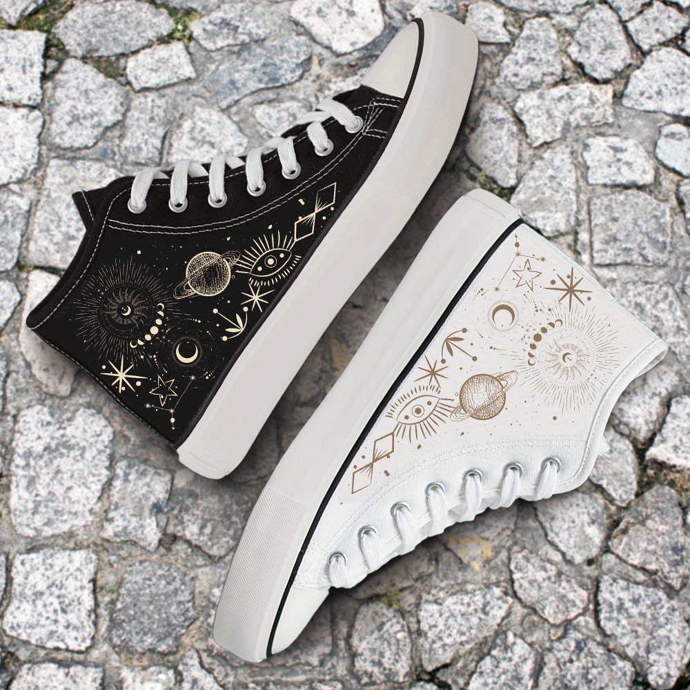 

High-top Canvas Sneakers With Golden Astrological Designs - Casual Sports Shoes, Lace-up,