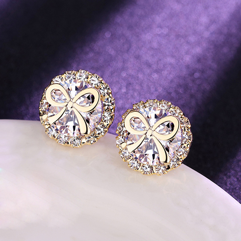 

2pcs Fashion Bow Round Geometry Light Luxury Style Copper Rhinestone Golden Color Earrings For Ladies Party Prom Daily