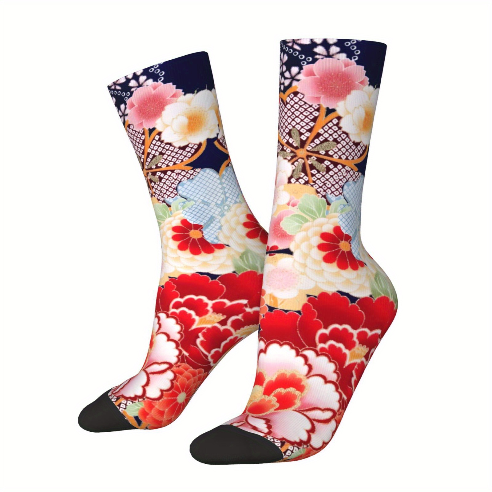 

1 Pair Japanese-inspired Floral Crew Socks, Polyester Knit Fabric With Spandex, Seamless Toe, Cuff, Cushion - Vintage Kimono Print, Comfortable & For Men, Hip Hop Novelty Socks