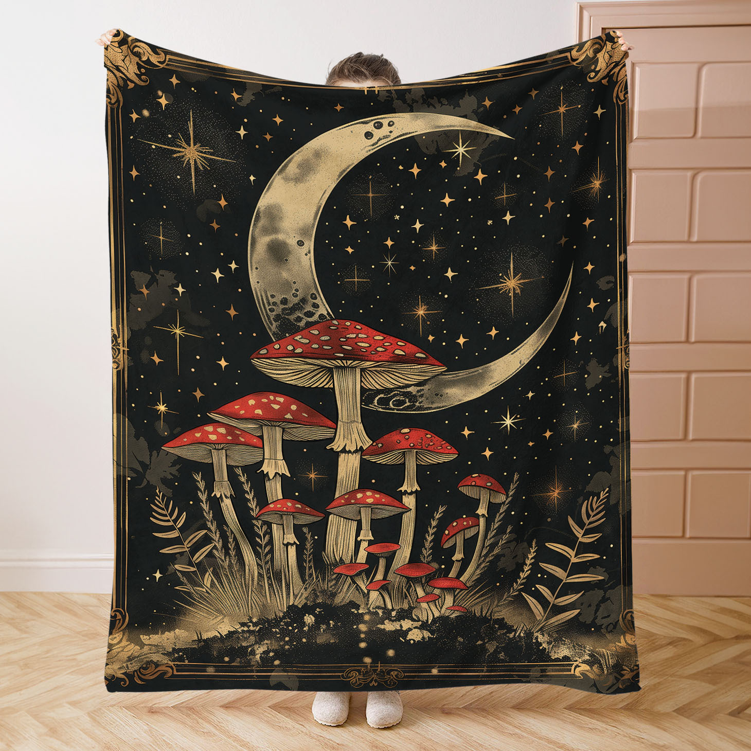 

Cozy Red Mushroom & Moon Flannel Throw Blanket - Soft, Warm For Bed, Sofa, Office, Camping