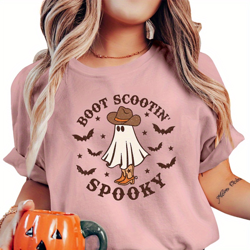 

Halloween Spooky Print Crew Neck Short Sleeve T-shirt - Soft, Breathable, Casual Women's Clothing For Spring & Summer