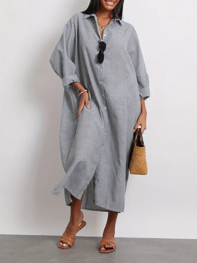 Women'* Blue Striped Shirt Dress - Long Sleeve, Turn- Collar, Loose Fit Casual Maxi Dress for Spring/Fall, Button-* with Side Slit Women'* Blue Striped Shirt Dress - Long Sleeve, Turn- Collar, Loose Fit Casual Maxi Dress for Spring/Fall, Button-* with Side Slit
