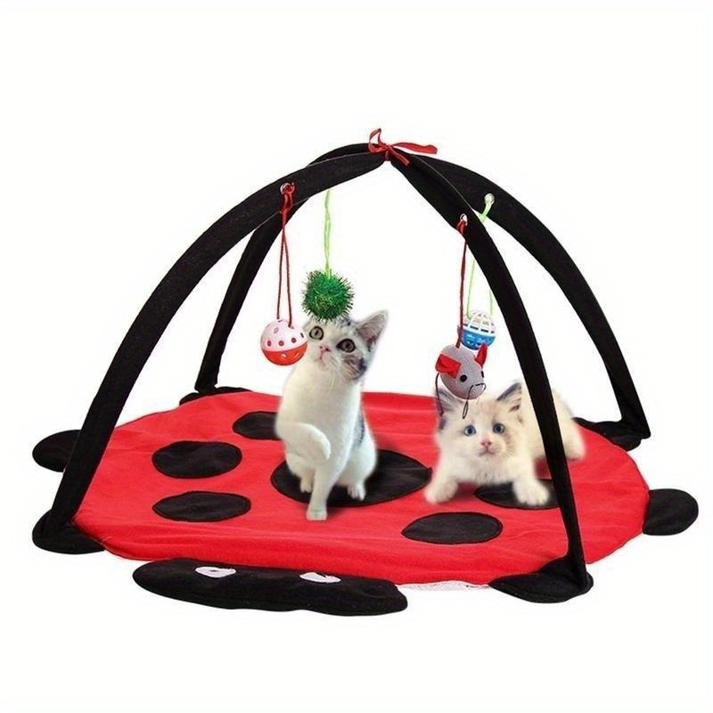 

Plush Ladybug Design Cat Play Mat With Hanging Toys - Interactive Kitten Activity Center, Tent With Pads, & Soft Material, No Battery Needed