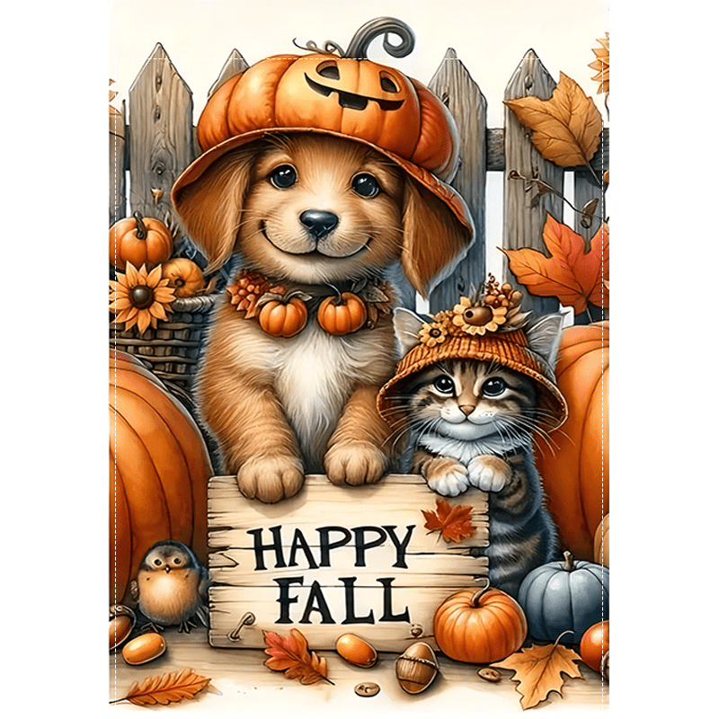 

Happy Fall Garden Flag With Pumpkin Dog And Cat - Double Sided Waterproof Polyester Outdoor Decor For Autumn And Thanksgiving - Multipurpose, No Electricity Needed - 12x18 Inches