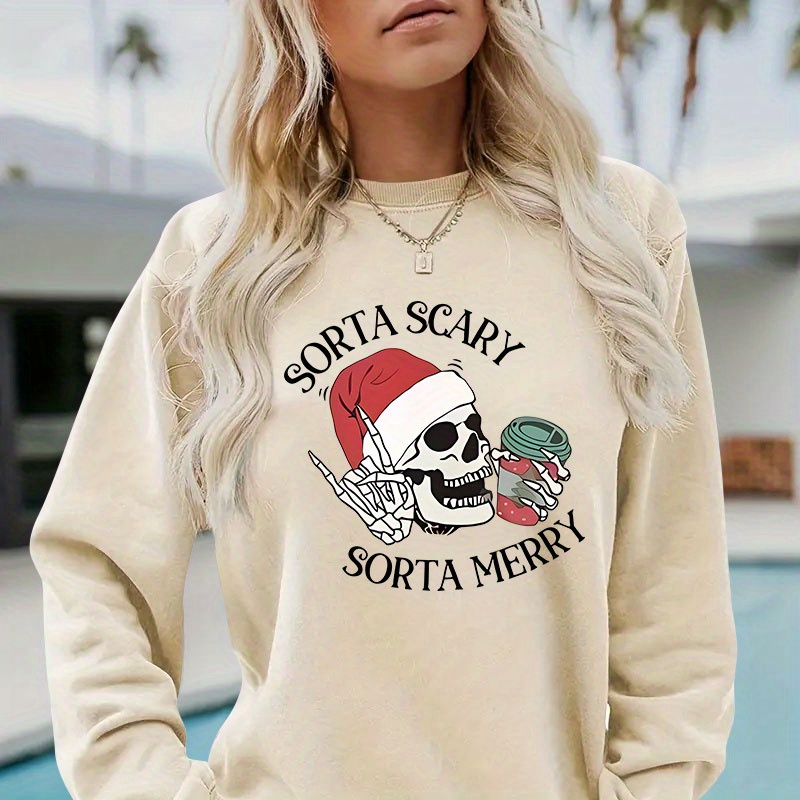 

Christmas Skull Print Pullover Sweatshirt - Soft, Casual, Long Sleeve Crew Neck Design For Fall & Winter - Women's Comfortable Clothing For Everyday Wear