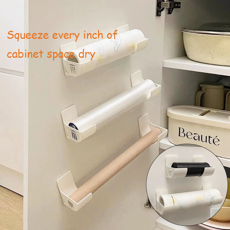 4pcs white self   kitchen organizer holders for wrap foil towels trash bags adjustable wall mounted storage solution for cabinet fridge side umbrella   plastic non food contact safe details 1