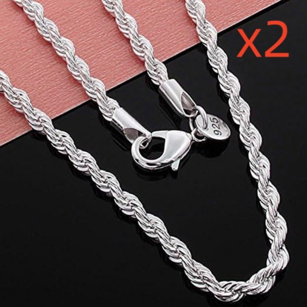 

2-pack 925 Silver Plating Rope Chain Twist Necklace Wedding Engagement Jewelry 2mm (24")