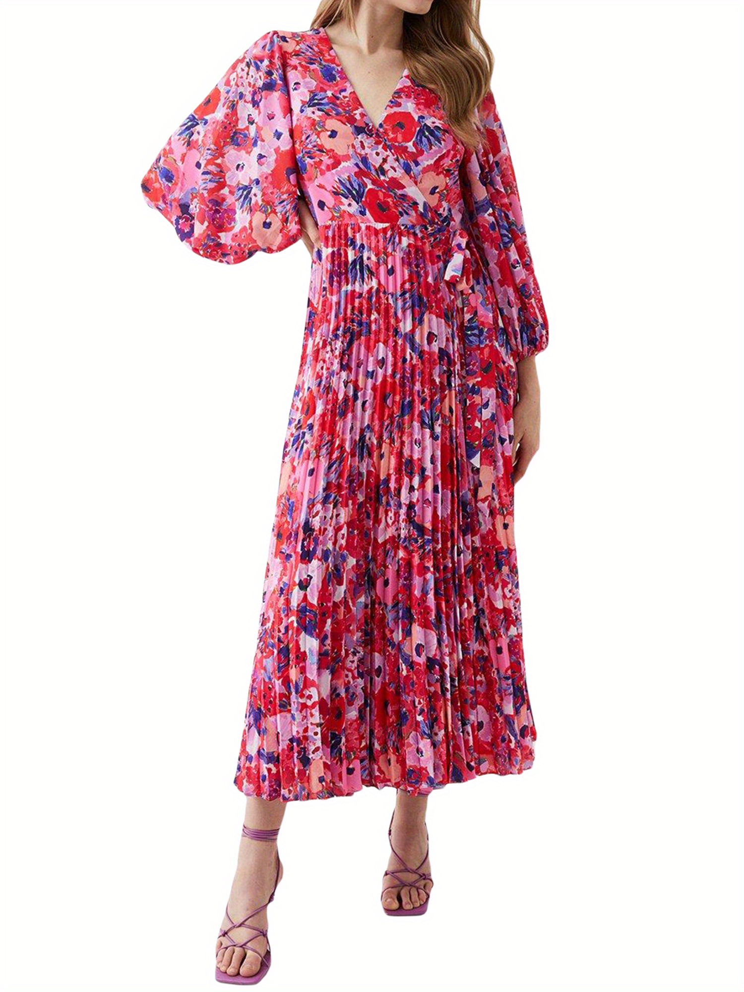 womens chiffon a line midi dress wrap front long lantern