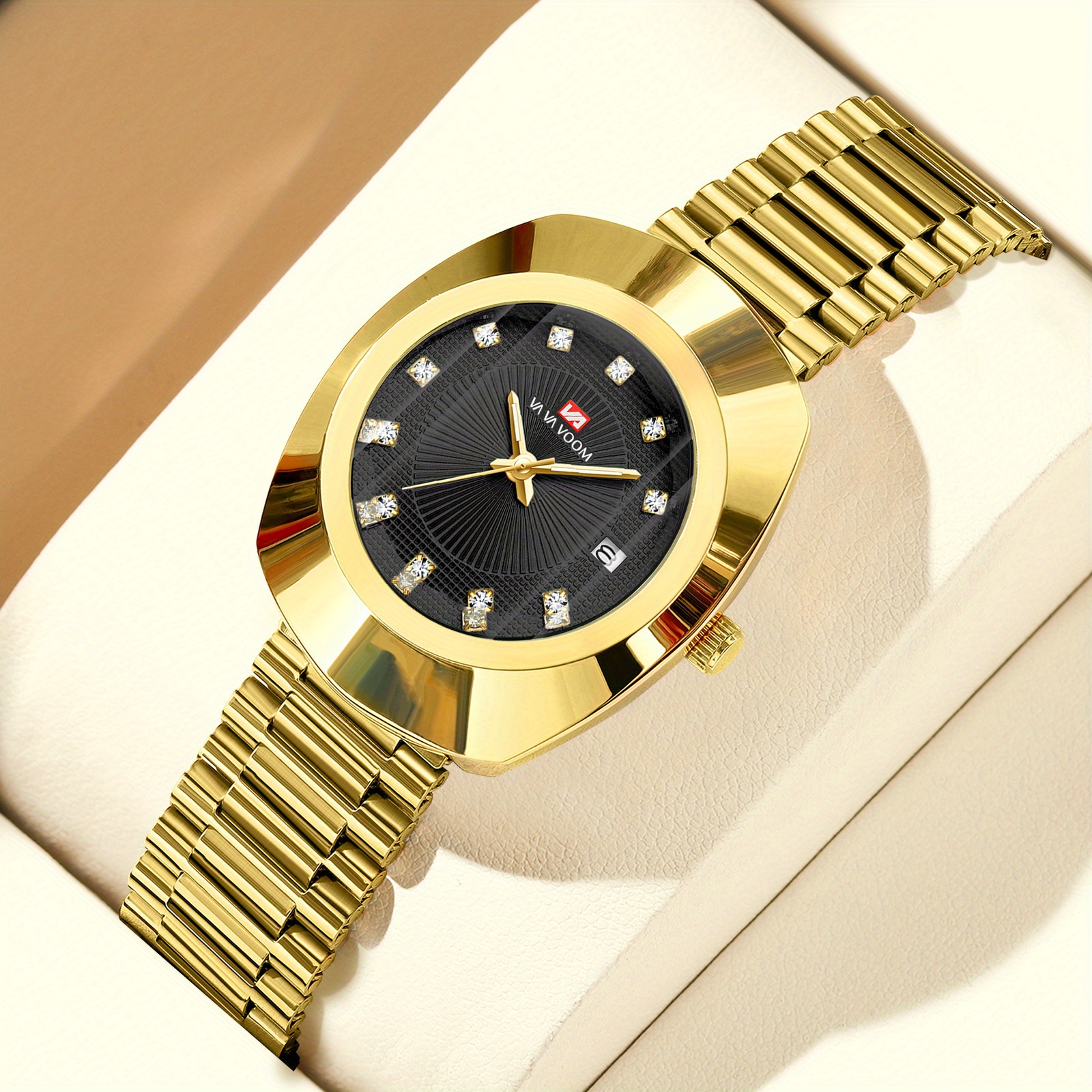 Womens Yellow Golden Irregular Quartz Watch Steel Strap
