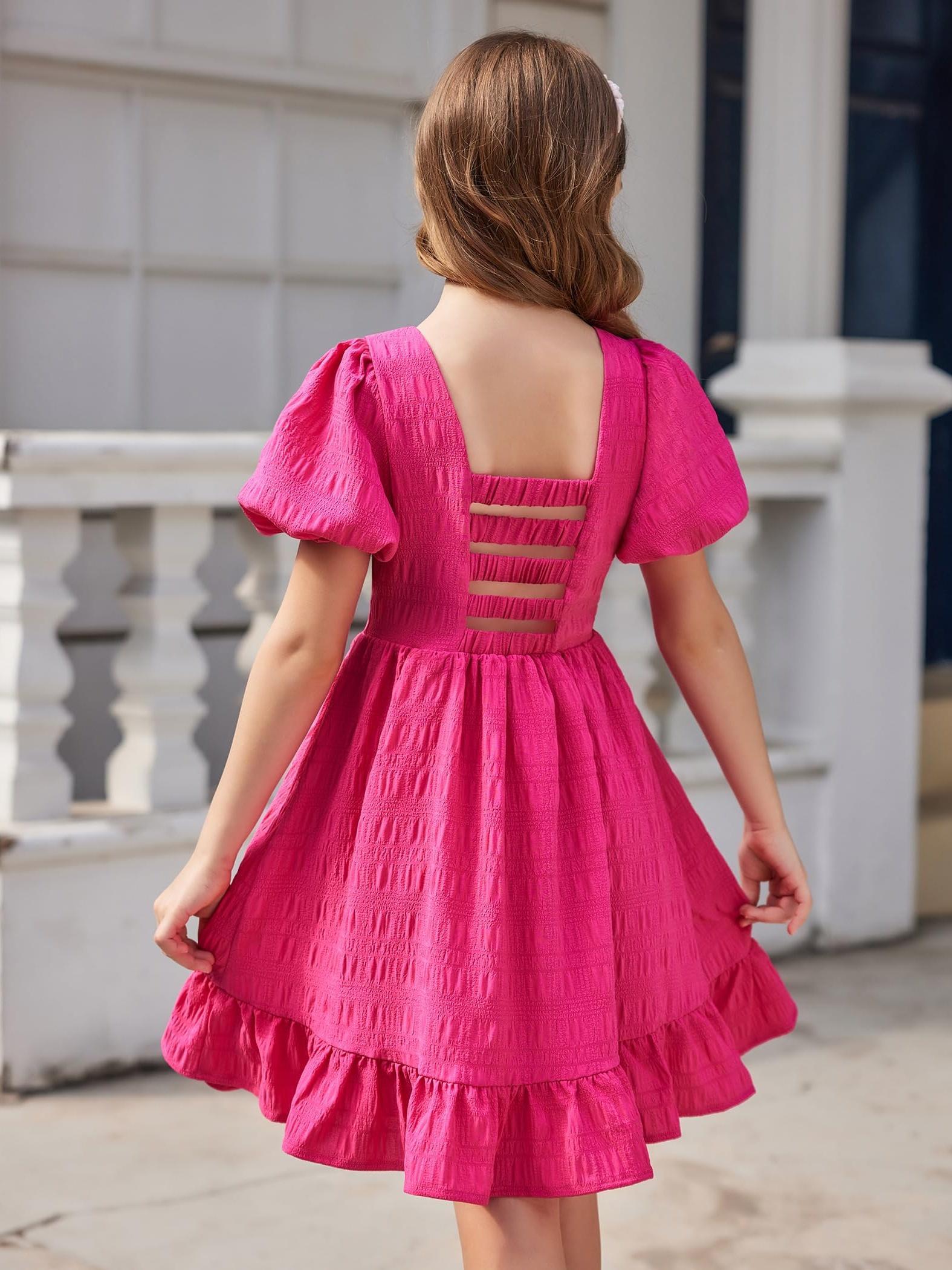 girls backless dress short sleeve square neck pleated hem - Temu