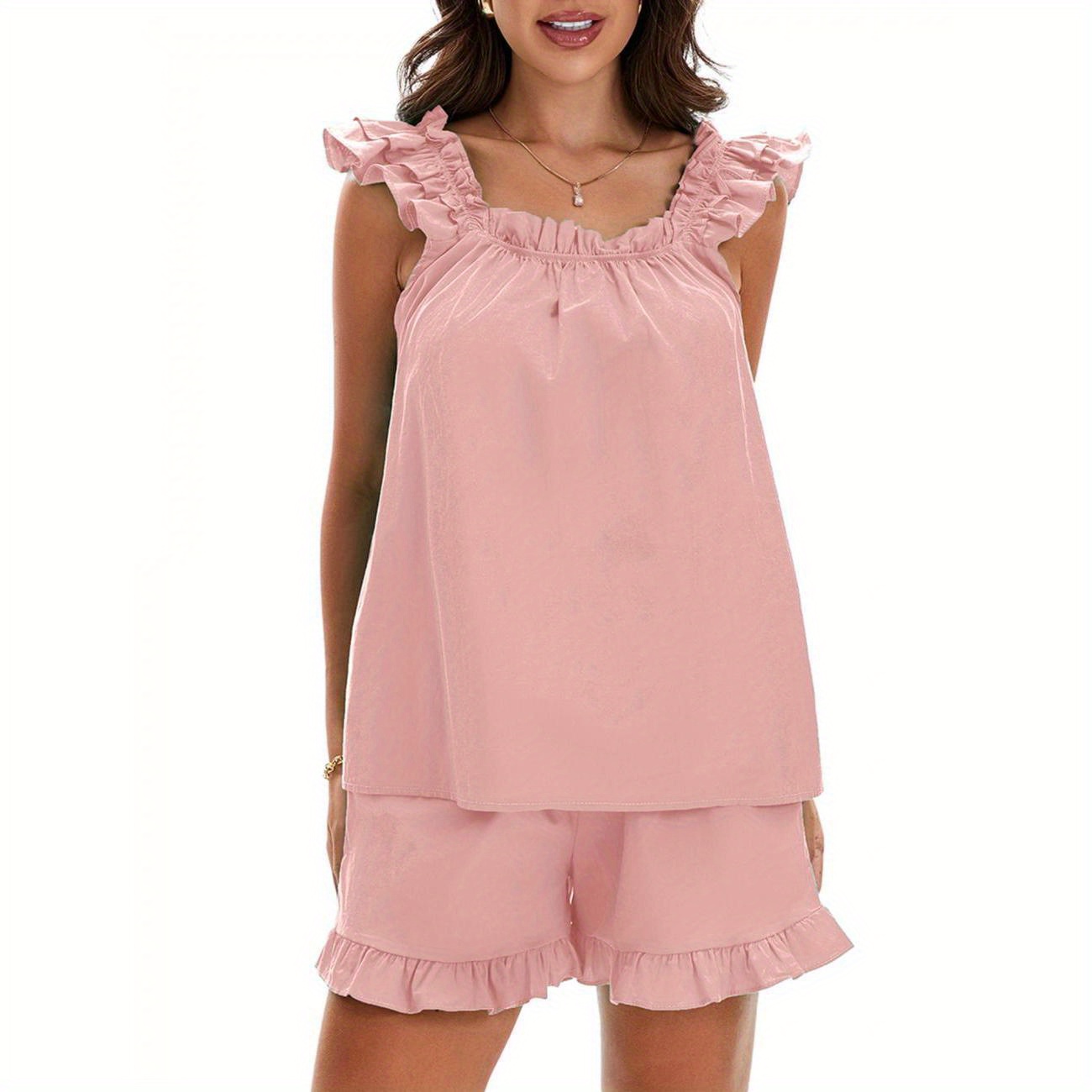 

Womenacute;s Summer 2pcs Pajamas Sets Sleeveless Backless Sling Vest + Solid Color Ruffle Shorts