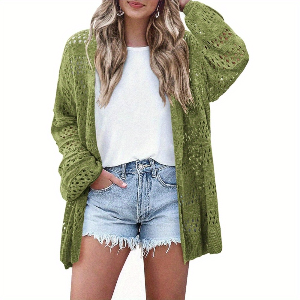 

Solid Color Open Front Cardigans, Casual Loose Hollow Out Long Sleeve Knitted Cardigans Top For Spring & Fall, Women's Clothing