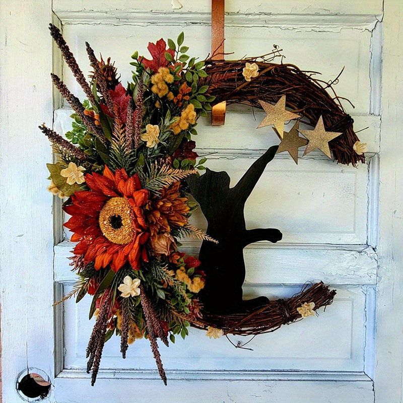 

Halloween Wreaths Moon Cat Wreath With Rose Cat Door Wreath Cute Cat Garland Moon Cat Wreath With Rose For Front Door Indoor Outdoor Window Farmhouse Porch Wall, Cats Lover Gifts For Christmas