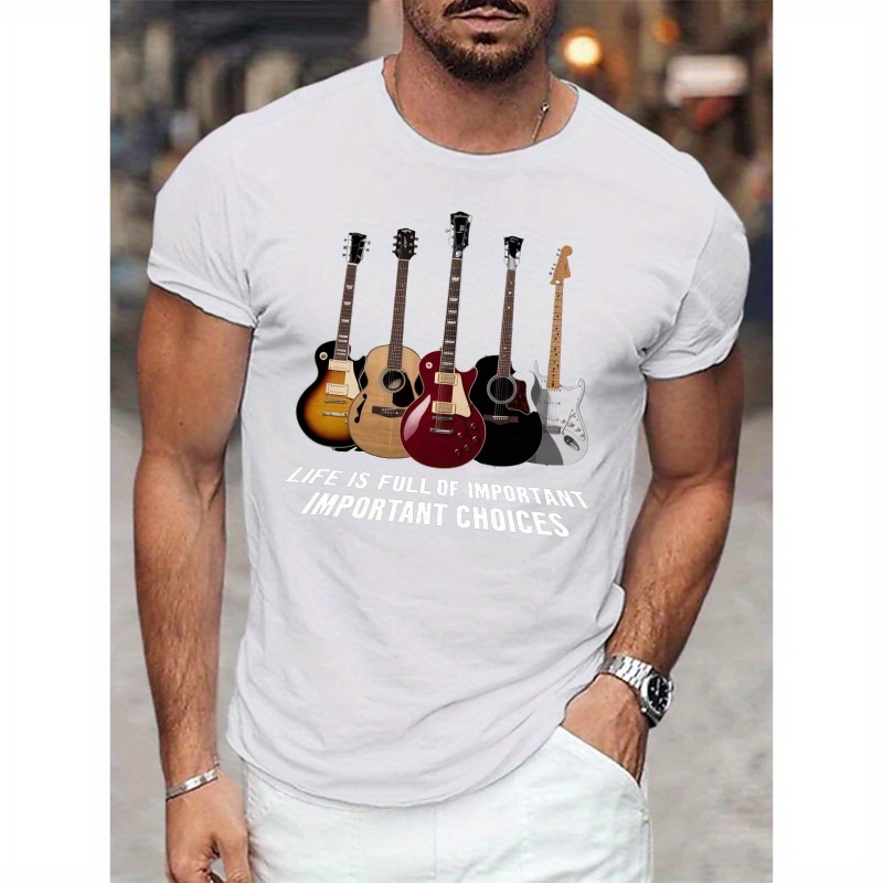 

Men's Casual Guitar Print Short Sleeve T-shirt, Breathable, Quick-drying, Summer Tee - Machine Washable, Regular Fit, Crew Neck