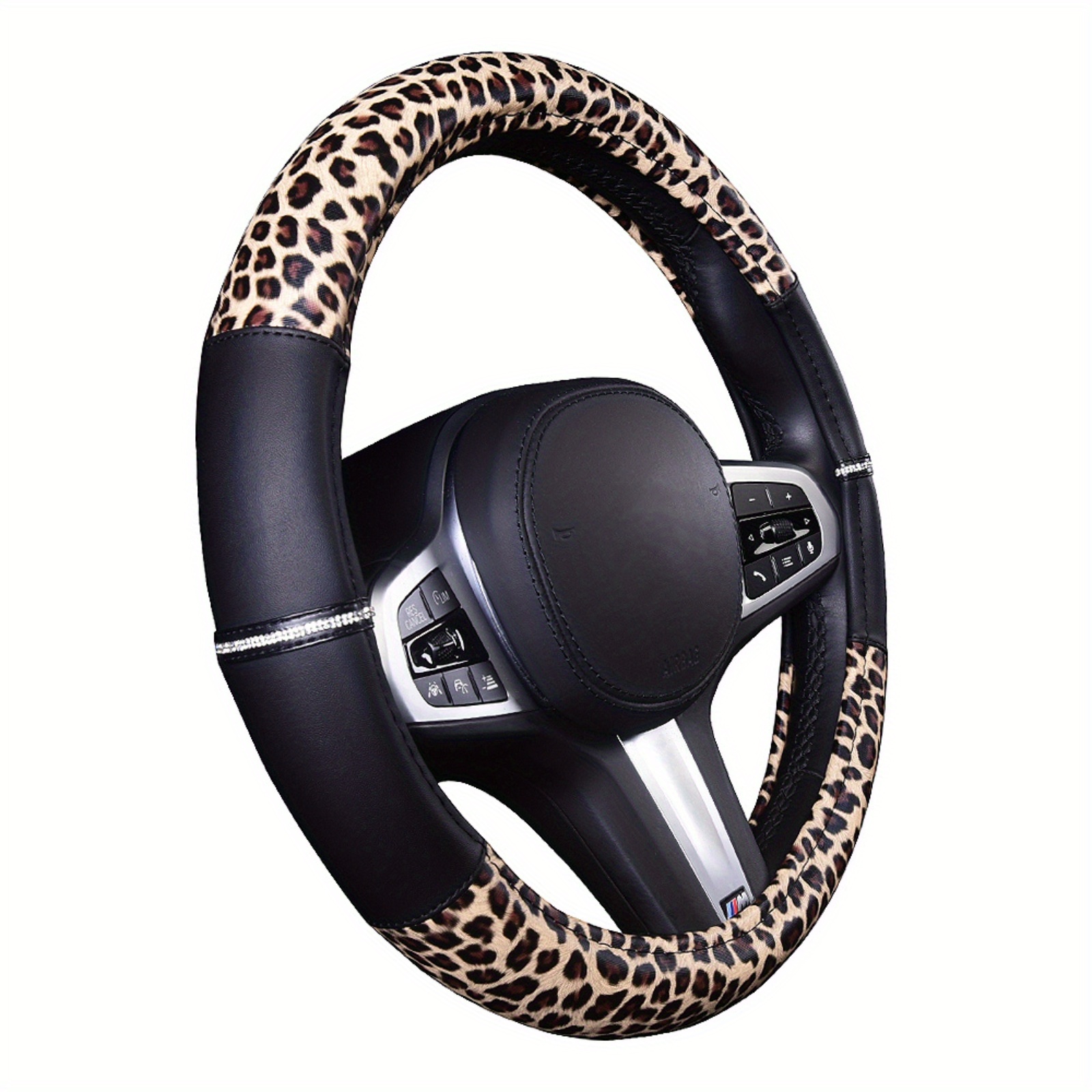 

Leopard Leather Steering Wheel Cover For Women Girls With Bling Bling Crystal Rhinestones Anti-slip Universal 15 Inch Fit For Vehicle, Car, Auto