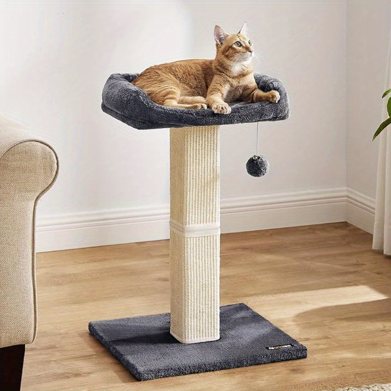 

Cat Scratching Post, Cat Scratcher With 15. 7 X 11. 8 Inches Plush Perch, 27. 9-inch Tall Scratch Post With Woven Sisal, Pompom, Removable Washable Cover