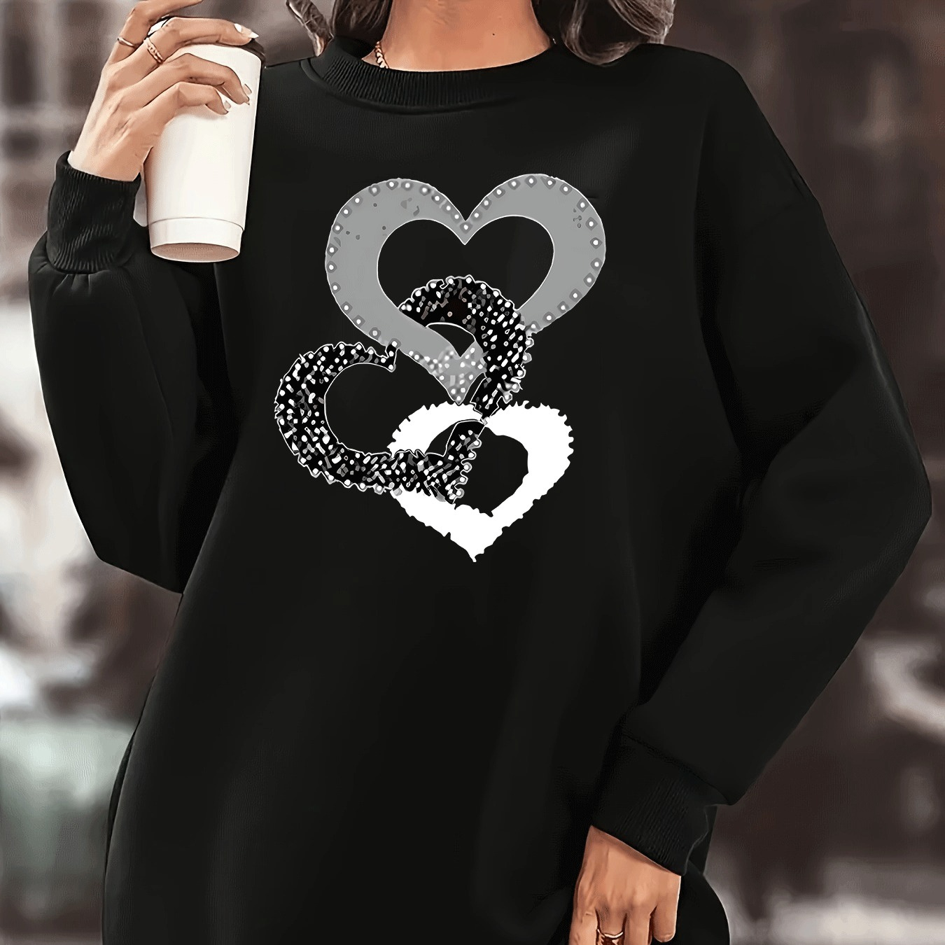 

Heart Print Pullover Sweatshirt Dress, Casual Drop Shoulder Comfy Dress For Fall & Winter, Women's Clothing