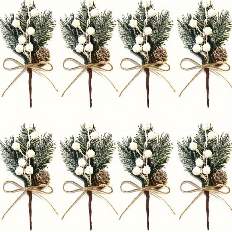 Set Of 8 Snowy Pine Branches With Berries And Holly - Ideal For Christmas Tree Decorations And