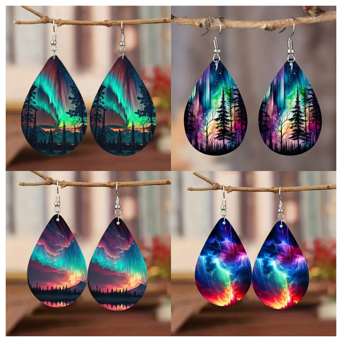 TEMU 8pcs/ Set Aurora Forest Landscape Printed Water Drop Pendant Earrings Bohemian Minimalist Style Wooden Jewelry Exquisite Women's Gift