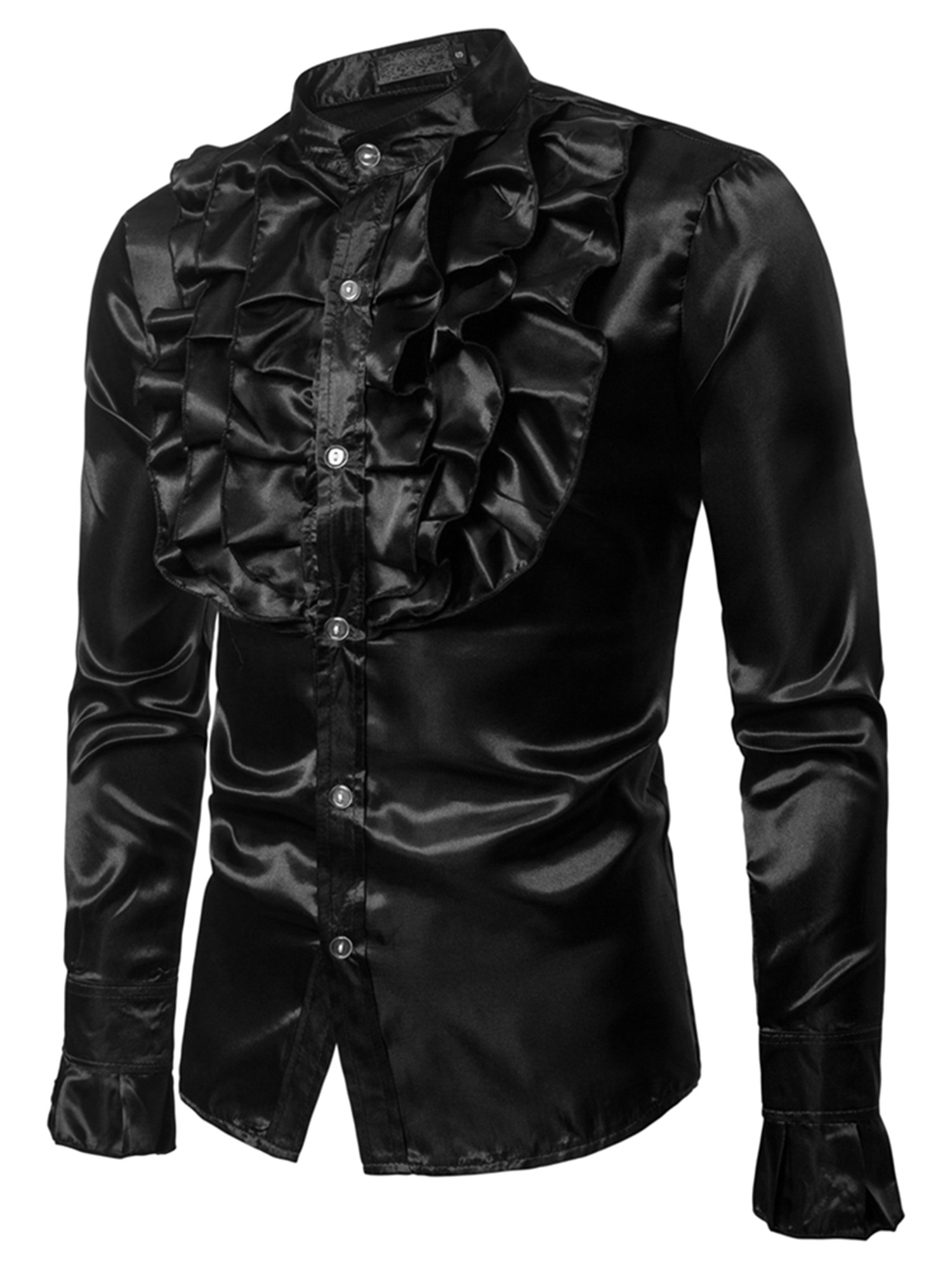 black dress special occasion Hi-Tie Black Silk Shirt Solid Satin Men's Long Sleeve Dress Shirt, M