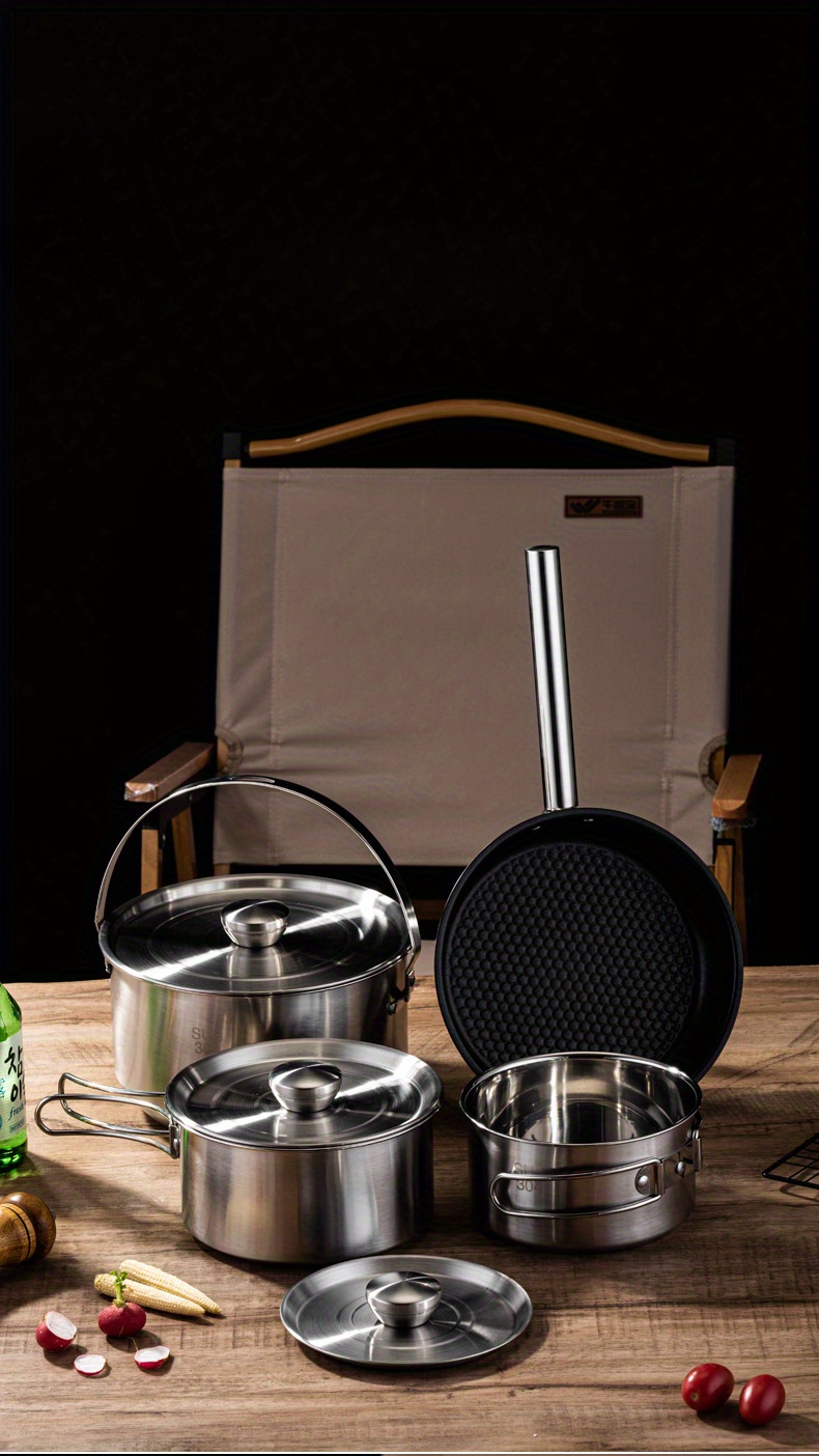 stainless steel camping cookware set portable multi functional outdoor   with hanging pots utensils details 0