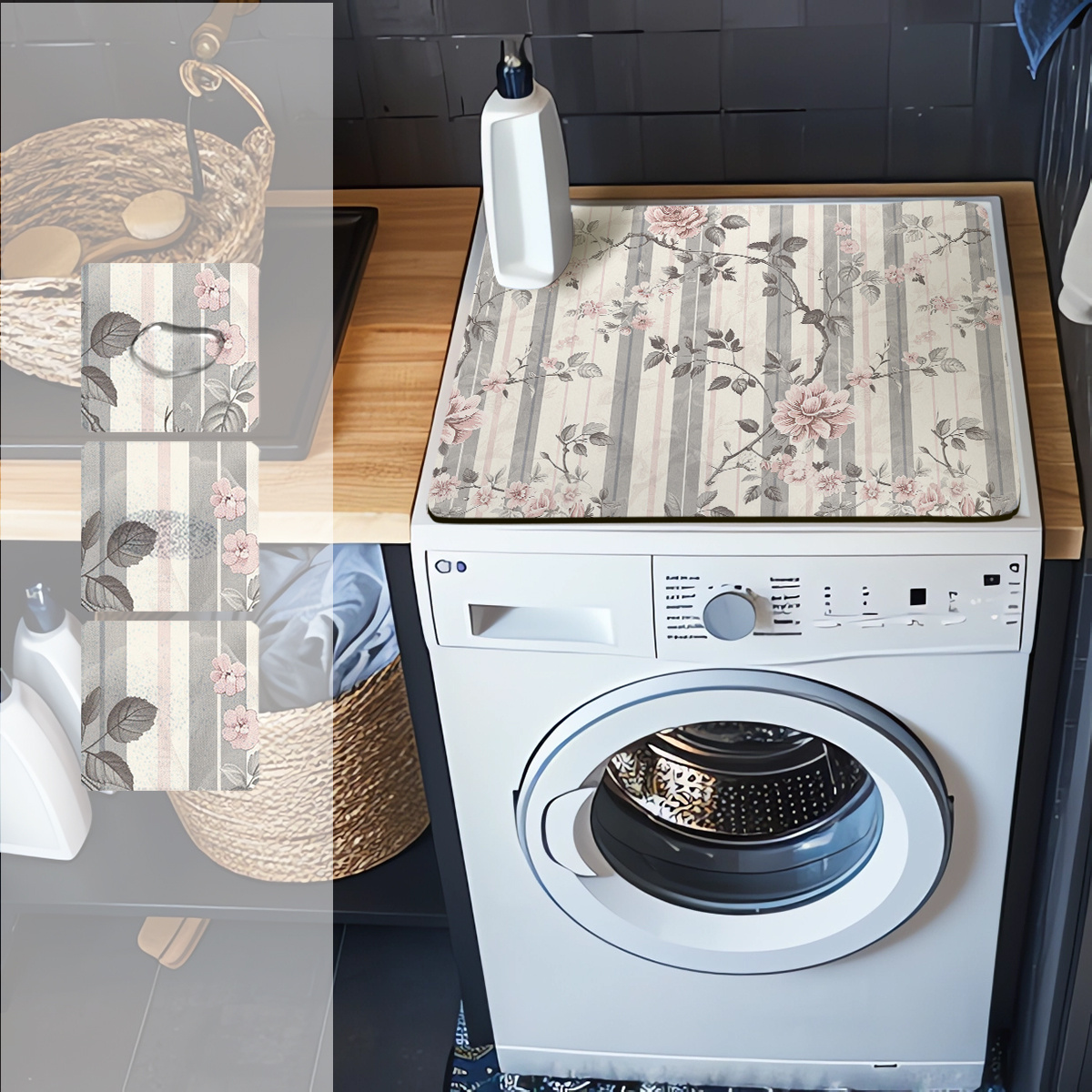 jit   floral watercolor branches and leaves laundry machine dust cover kitchen and bathroom accessories   rubber backing details 1