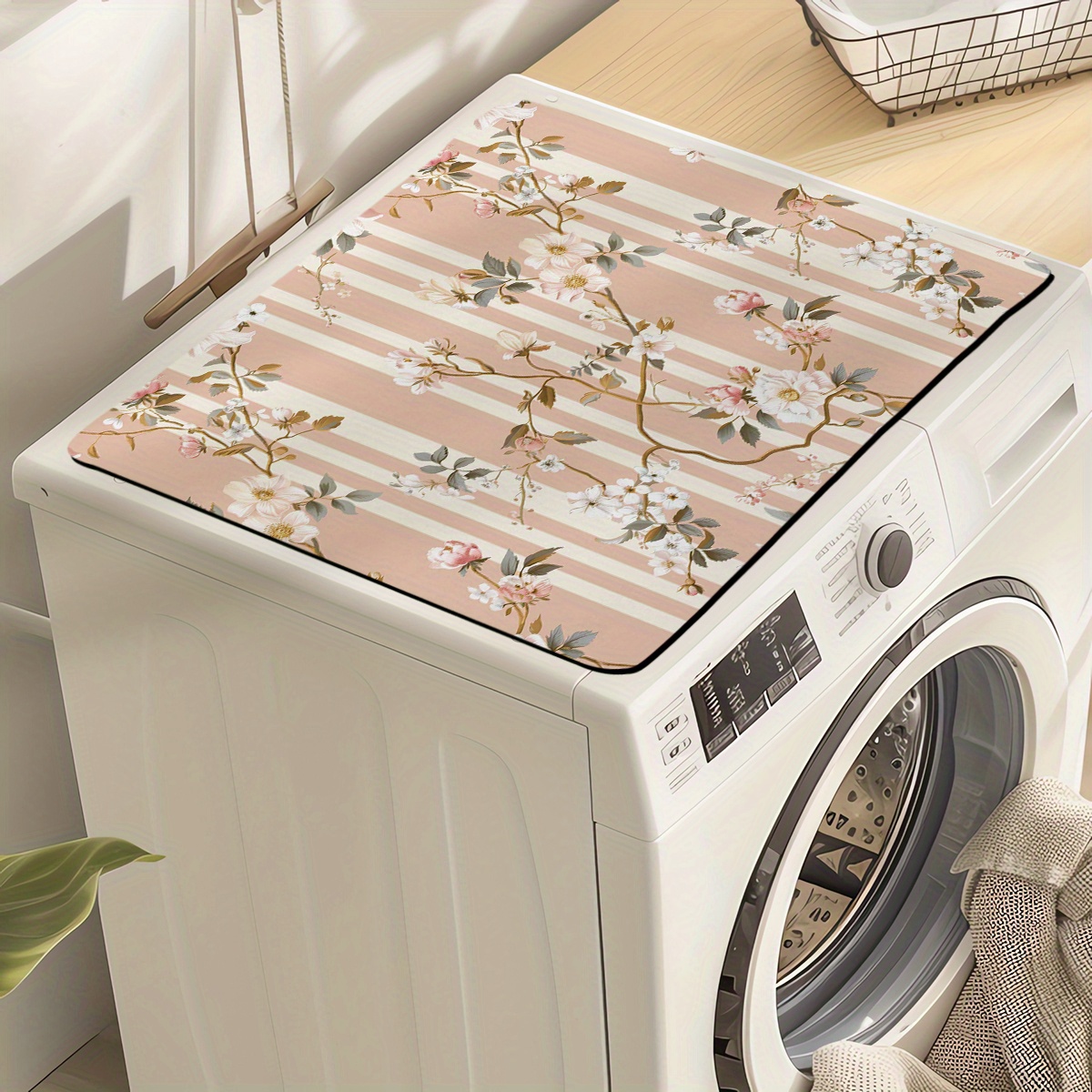 jit   floral watercolor branches and leaves laundry machine dust cover kitchen and bathroom accessories   rubber backing details 6