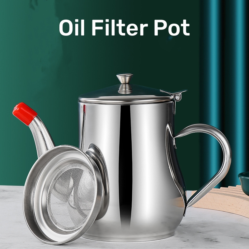 stainless steel oil filter pot with lid and spout   cooking and serving details 0