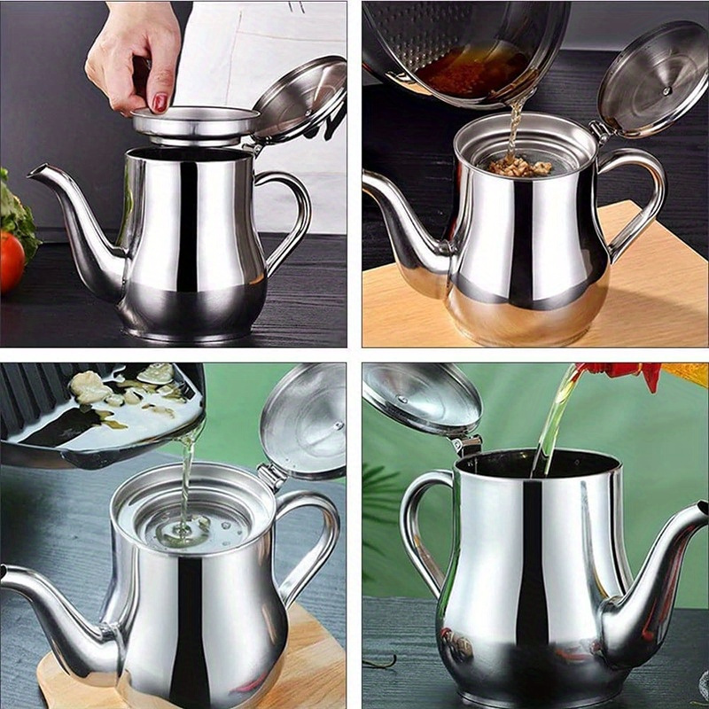 stainless steel oil filter pot with lid and spout   cooking and serving details 2