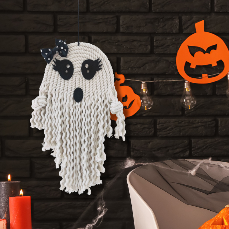 

Wall Hanging Decoration - 1pc Fabric Hand-woven White Spooky With Bow Accent, No Electricity Needed, Featherless, Festive For Haunted Ambiance