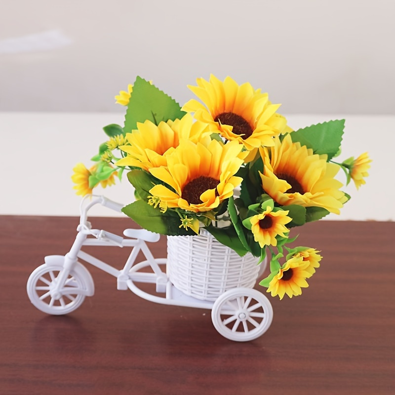 

Contemporary Decorative Sunflower In White Plastic Tricycle Basket - Event Centerpiece And Home Tabletop Decor