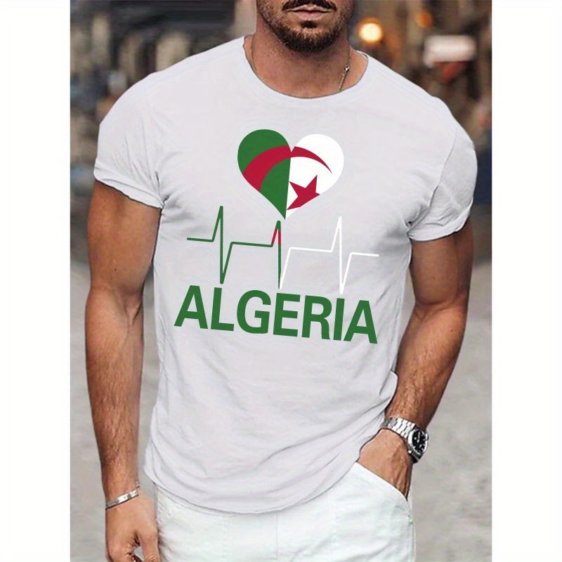 

T-shirt décontracté pour homme avec imprimé du drapeau algérien, col rond, haut confortable et tendance, manches courtes, parfait pour l'été.