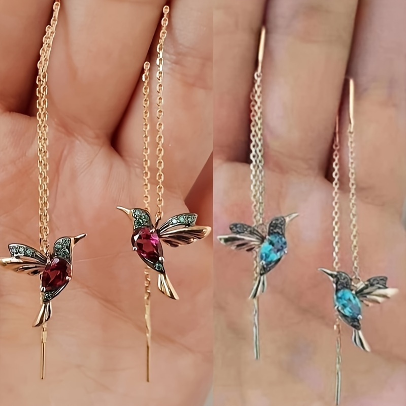 

Style Bird Earrings With Synthetic Gems - Hypoallergenic Copper Ear Needle, Nickel-free Alloy, Hummingbird Design, Thread-on Fashion Jewelry For