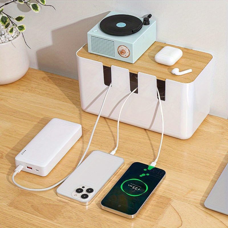 

1pc Japanese Style Multi-device Charging Station Organizer With Bamboo Lid, Abs Cable Management Box For Desk