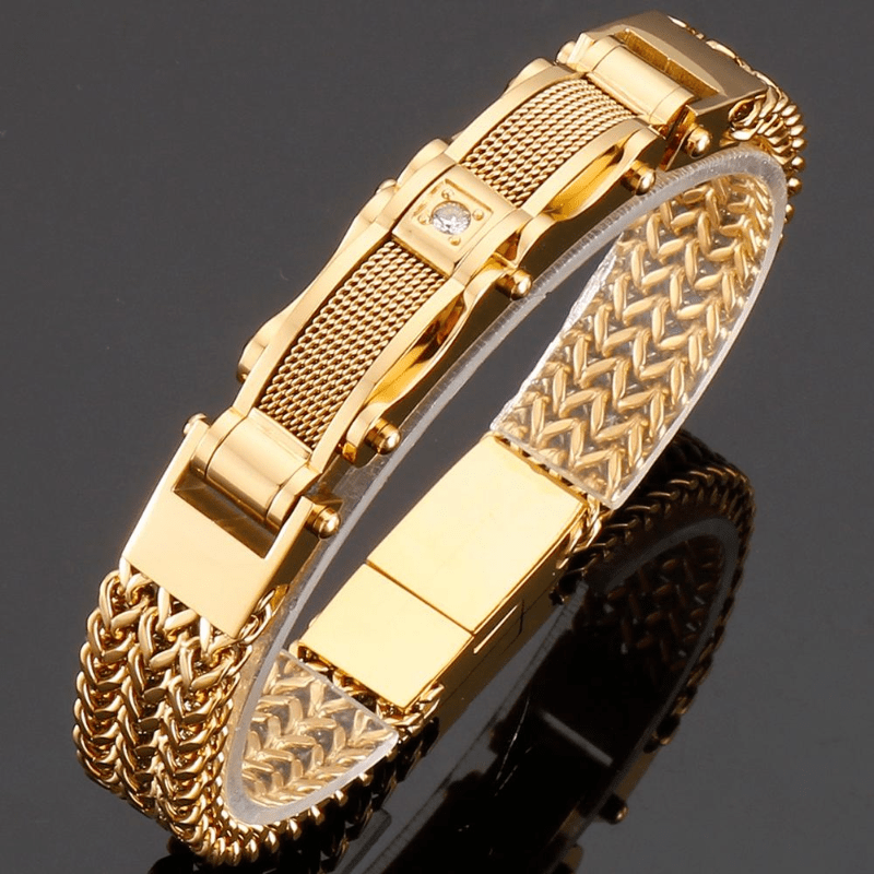 

1pc Men's Delicate Bracelet, Golden Silvery Stainless Steel Chain Bracelet, Men's Faux Diamond Square Bracelet, Magnetic Buckle Fashion Jewelry Party Cool Holiday Accessories, Father's Day Gift