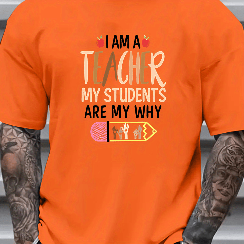 

Teacher's Pride: Men's Plus Size Casual T-shirt With Inspirational Quote Print - Breathable Polyester, Crew Neck, Short Sleeve - Summer, Plus Size