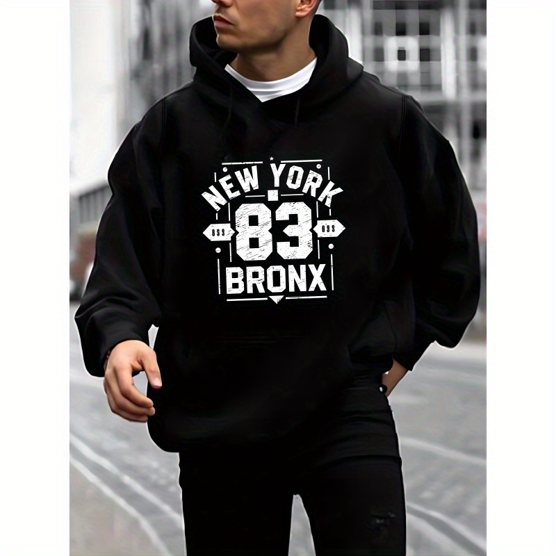 

New York 83 Bronx Print Men's Stylish Long Sleeve Hooded Sweatshirt, Warm Fleece Hoodie With Kangaroo Pocket, Casual Comfortable Versatile Top For Autumn And Winter, As Gifts